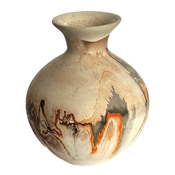 Nemadji Indian River Pottery Vase Orange Brown Swirl Handmade USA 4.1/2" Tall - Picture 2 of 6